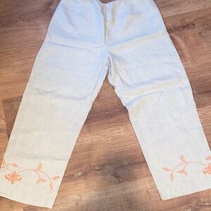 LOFT Ann Taylor Beige Linen pants with Orange Embroidery SZ 12